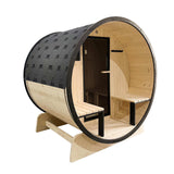 Aleko Outdoor White Finland Pine Traditional Barrel Sauna with Black Accents & Front Porch Canopy - 3-5 Person Capacity SB5PINECPBLK-AP