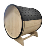 Aleko Outdoor White Finland Pine Traditional Barrel Sauna with Black Accents & Front Porch Canopy - 3-5 Person Capacity SB5PINECPBLK-AP
