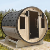 Aleko Outdoor White Finland Pine Traditional Barrel Sauna with Black Accents - 3-4 Person Capacity SB4PINEBLK-AP