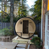 Aleko Outdoor White Finland Pine Traditional Barrel Sauna with Black Accents & Front Porch Canopy - 3-5 Person Capacity SB5PINECPBLK-AP