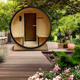 Aleko Outdoor White Finland Pine Traditional Barrel Sauna with Black Accents & Front Porch Canopy - 3-5 Person Capacity SB5PINECPBLK-AP