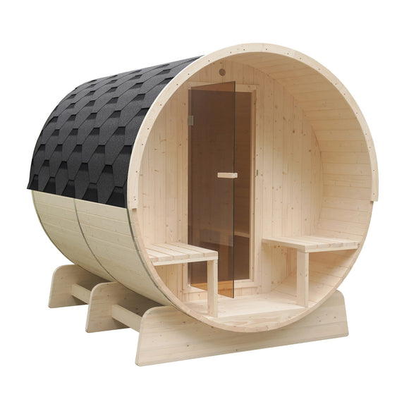 Aleko Outdoor or Indoor White Finland Pine Wet Dry Barrel Sauna - Front Porch Canopy - 8 kW UL Certified KIP Harvia Heater - 6-8 Person SB8PINECP-AP