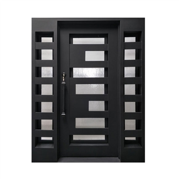 Aleko Iron Square Top Geometric-Embossed Single Door with Frame and Threshold - 81 x 62 x 6 Inches - Matte Black