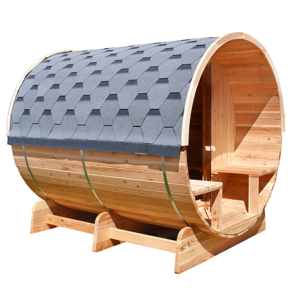 Aleko Outdoor or Indoor Western Red Cedar Wet Dry Barrel Sauna - Front Porch Canopy with Panoramic View - Bitumen Shingle Roofing - 8 kW UL Certified KIP Harvia Heater - 6-8 Person