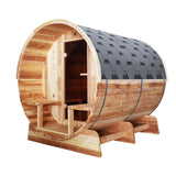 Aleko Outdoor or Indoor Western Red Cedar Wet Dry Barrel Sauna - Front Porch Canopy with Panoramic View - Bitumen Shingle Roofing - 8 kW UL Certified KIP Harvia Heater - 6-8 Person