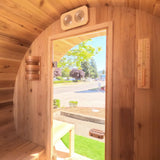 Aleko Outdoor or Indoor Western Red Cedar Wet Dry Barrel Sauna - Front Porch Canopy with Panoramic View - Bitumen Shingle Roofing - 8 kW UL Certified KIP Harvia Heater - 6-8 Person