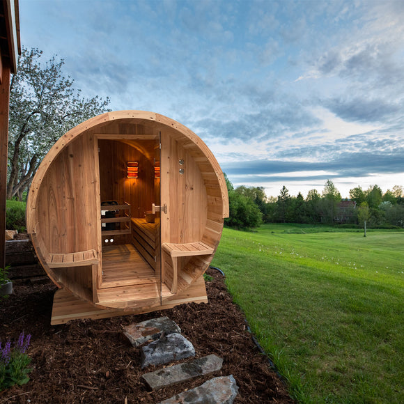 Aleko Outdoor Rustic Cedar Barrel Steam Sauna - Front Porch Canopy - UL Certified - 4 Person SB4CED-AP