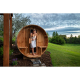 Aleko Outdoor or Indoor Western Red Cedar Wet Dry Barrel Sauna - Front Porch Canopy with Panoramic View - Bitumen Shingle Roofing - 8 kW UL Certified KIP Harvia Heater - 6-8 Person