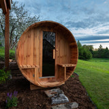 Aleko Outdoor or Indoor Western Red Cedar Wet Dry Barrel Sauna - Front Porch Canopy with Panoramic View - Bitumen Shingle Roofing - 8 kW UL Certified KIP Harvia Heater - 6-8 Person