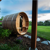 Aleko Outdoor or Indoor Western Red Cedar Wet Dry Barrel Sauna - Front Porch Canopy with Panoramic View - Bitumen Shingle Roofing - 8 kW UL Certified KIP Harvia Heater - 6-8 Person