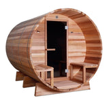Aleko Outdoor or Indoor Western Red Cedar Wet Dry Barrel Sauna - Front Porch Canopy with Panoramic View - Bitumen Shingle Roofing - 8 kW UL Certified KIP Harvia Heater - 6-8 Person