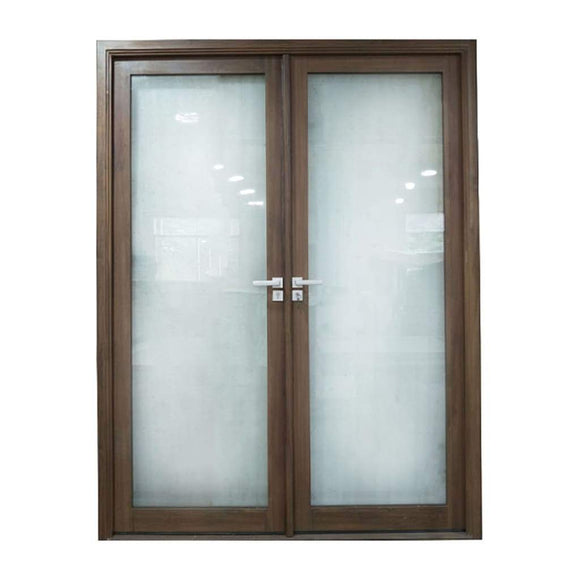 Aleko Aluminum Square Top Minimalist Glass-Panel Interior Double Door with Frame - 84 x 96 inches - Chestnut ALD8496W10-AP Aluminum Square