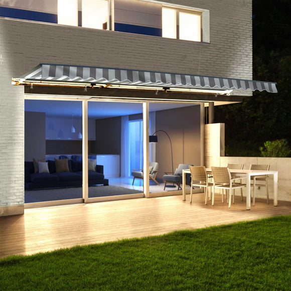 Aleko Half Cassette Motorized Retractable LED Luxury Patio Awning - 12 x 10 Feet - Gray and White Stripes AWCL12X10GRYWHT-AP Aleko Motorized
