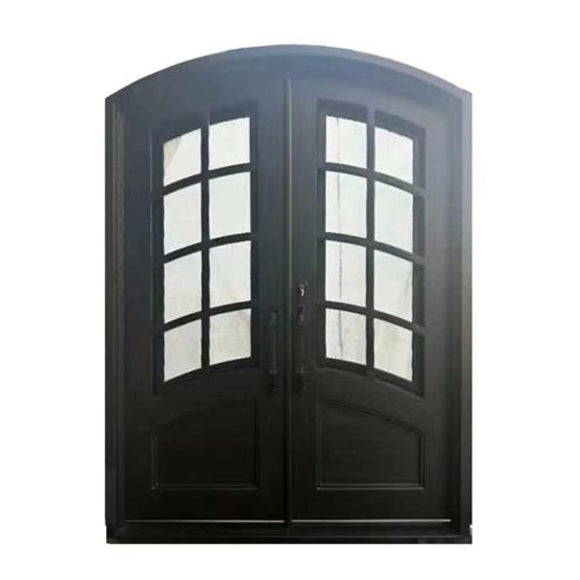 Aleko Iron Arched Top Minimalist Glass-Panel Dual Door with Frame and Threshold 92 x 72 Inches Matte Black IDR7296BK15-AP Iron Doors