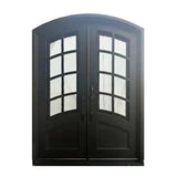 Aleko Iron Arched Top Minimalist Glass-Panel Dual Door with Frame and Threshold 92 x 72 Inches Matte Black IDR7296BK15-AP Iron Doors