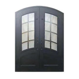 Aleko Iron Arched Top Minimalist Glass-Panel Dual Door with Frame and Threshold 92 x 72 Inches Matte Black IDR7296BK15-AP Iron Doors