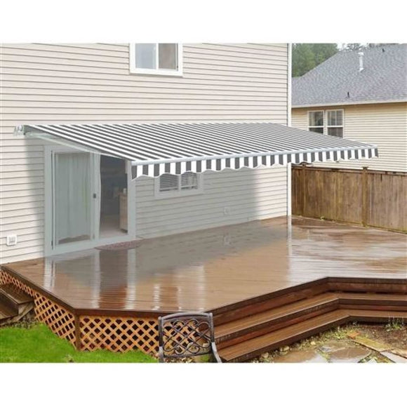 Aleko Motorized Retractable Patio Awning 12X10 Feet Gray And White Striped Awm12X10Greywht-Ap Motorized Retractable Awnings 12 X 10 Ft