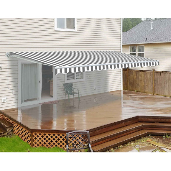 Aleko Retractable Patio Awning 10X8 Feet Grey And White Striped Aw10X8Greywht-Ap Retractable Awnings 10 X 8 Ft.