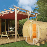 Aleko Outdoor or Indoor White Finland Pine Wet Dry Barrel Sauna Front Porch Canopy 9 kW ETL Certified Heater 8 Person SB8PINECP-AP Aleko